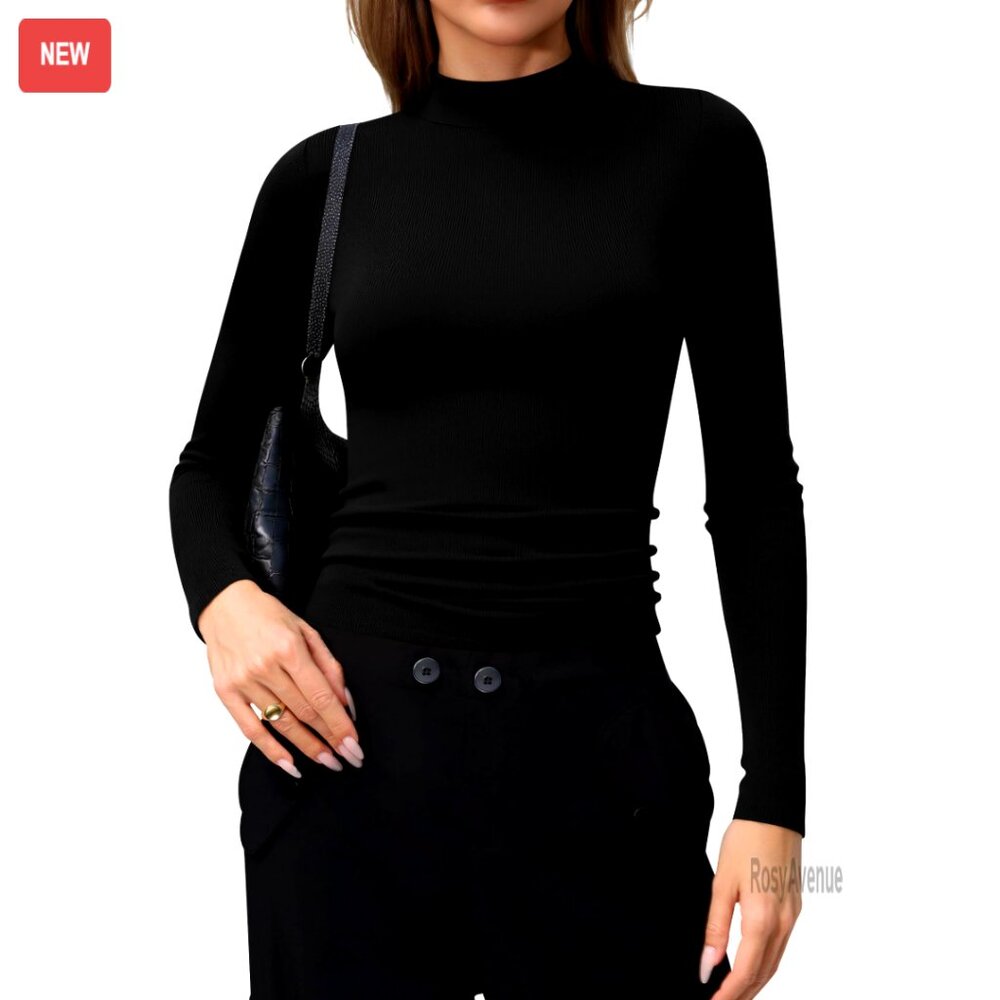 Mock Neck Long Sleeve Ribbed Crop Top Slim Fit Fleece Lined Tee Shirt
